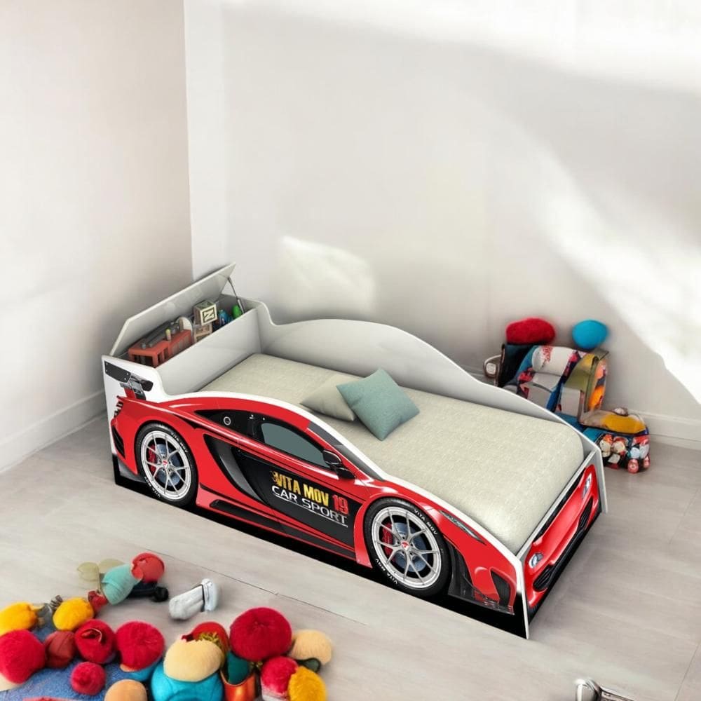Cama Solteiro Carro com Baú Vermelha
