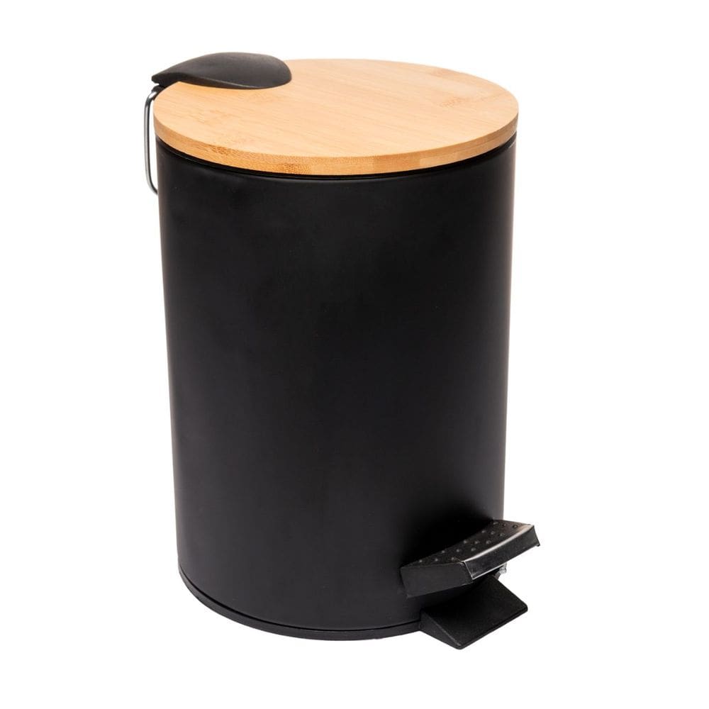 Lixeira Redonda de Metal com Pedal e Tampa em Bambu Preta 3L 220224 - Lyor