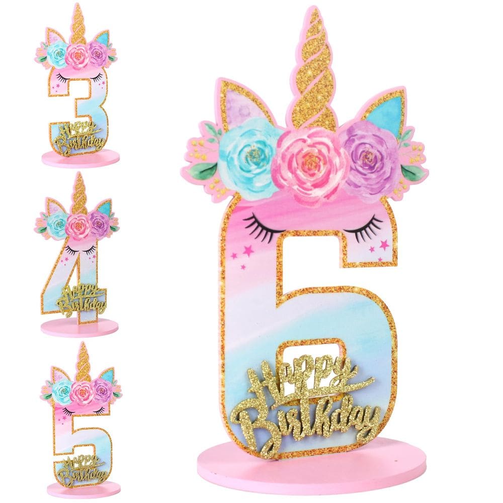Decorações de mesa Tkifoda Unicorn Number Sign 6 Pink Wood