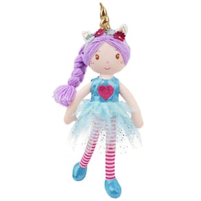 Boneca de pano de pelúcia June Garden Unicorn Myra 16 polegadas com vestido azul