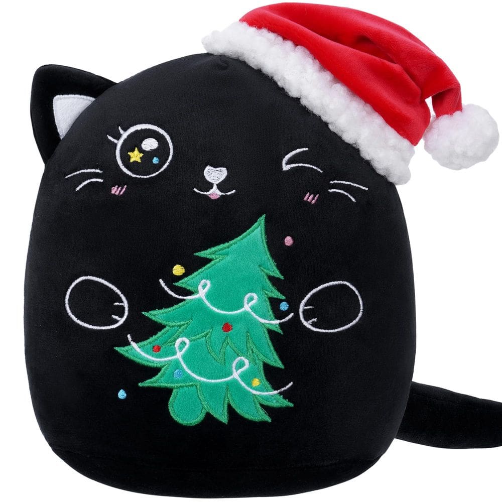 Gato de Natal SEAOPOP de 20 cm de pelúcia com chapéu e árvore de Papai Noel