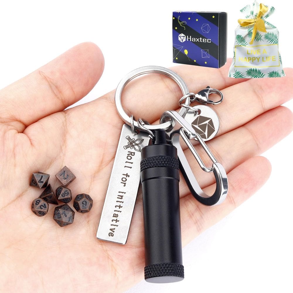 Conjunto de dados Haxtec Mini Tiny Small Metal DND com estojo de chaveiro
