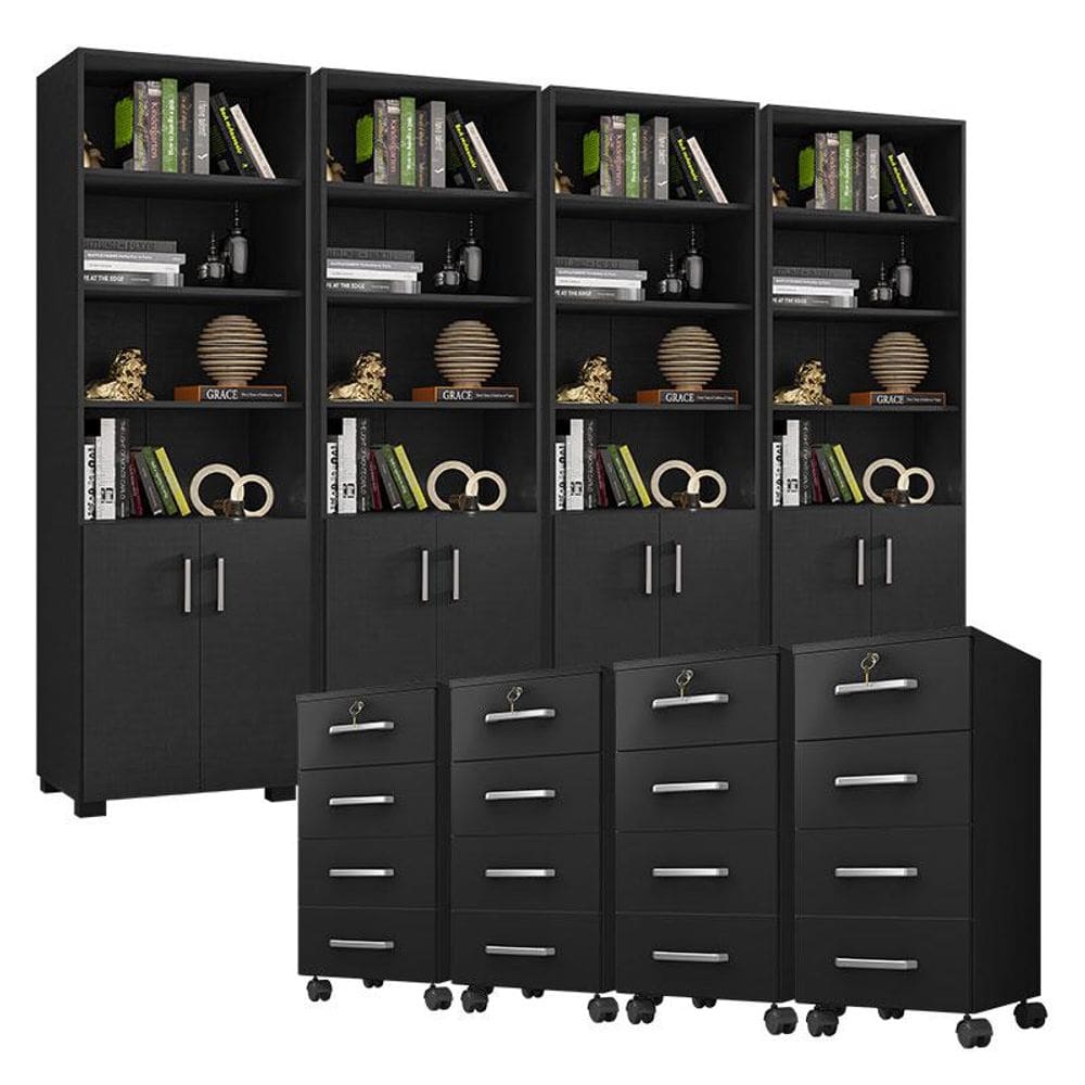 Kit 4 Gaveteiros para Escritório Gávea com Chave e 4 Livreiros Office Portas Pequenas Preto Fosco - Móveis Leão