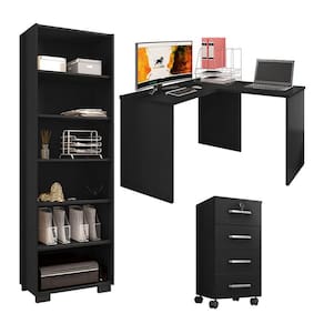 Mesa para computador com Extensora e Gaveteiro Gávea com Chave 4 Gavetas e Livreiro Office Preto Fosco - Móveis Leão