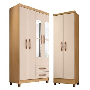 Guarda Roupa Solteiro Modena com Espelho 4 Portas e Armário Multiuso Egito Carvalho Americano Off White - Incorplac
