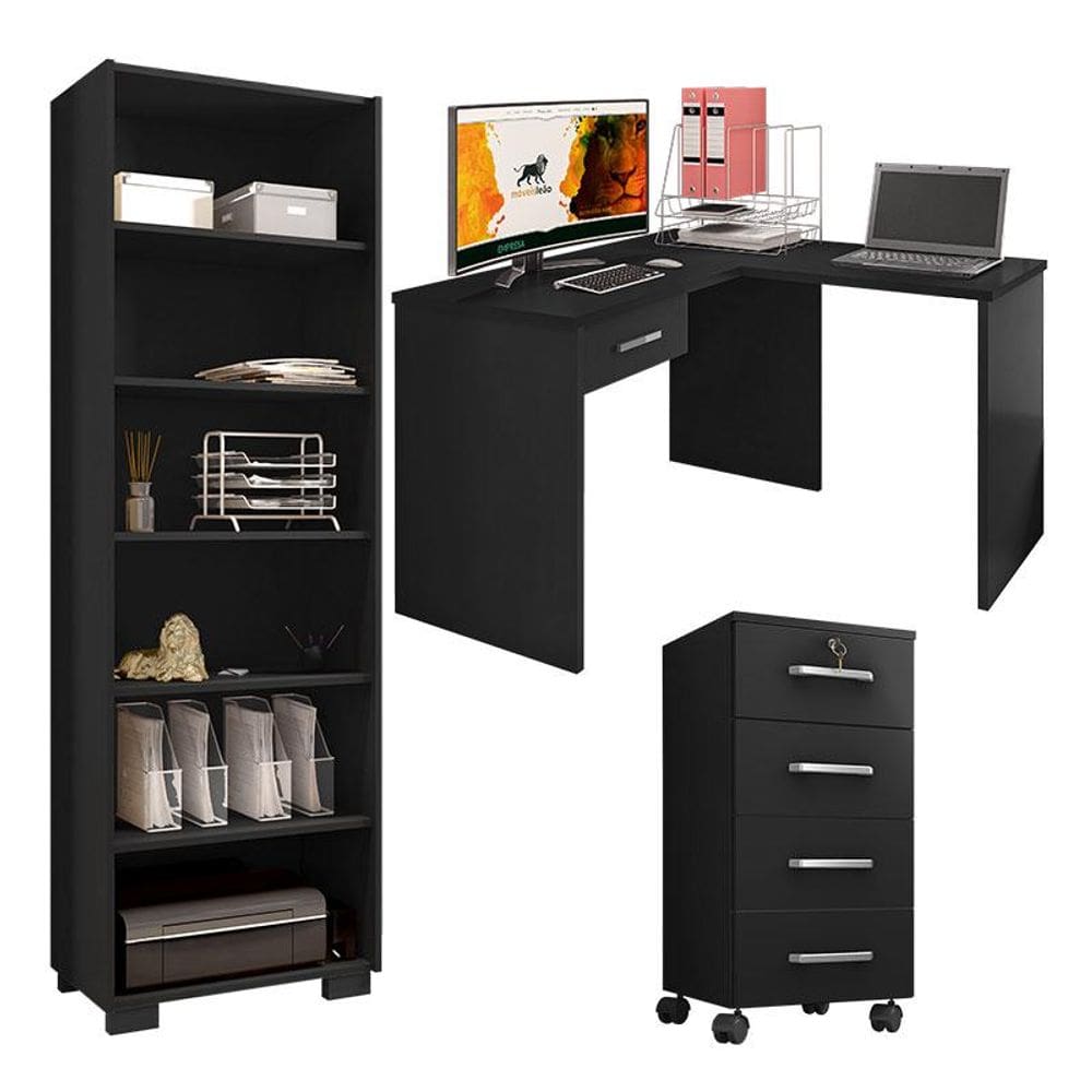 Mesa para computador com Gaveta e Extensora e Gaveteiro Gávea com Chave e Livreiro Office Preto Fosco - Móveis Leão