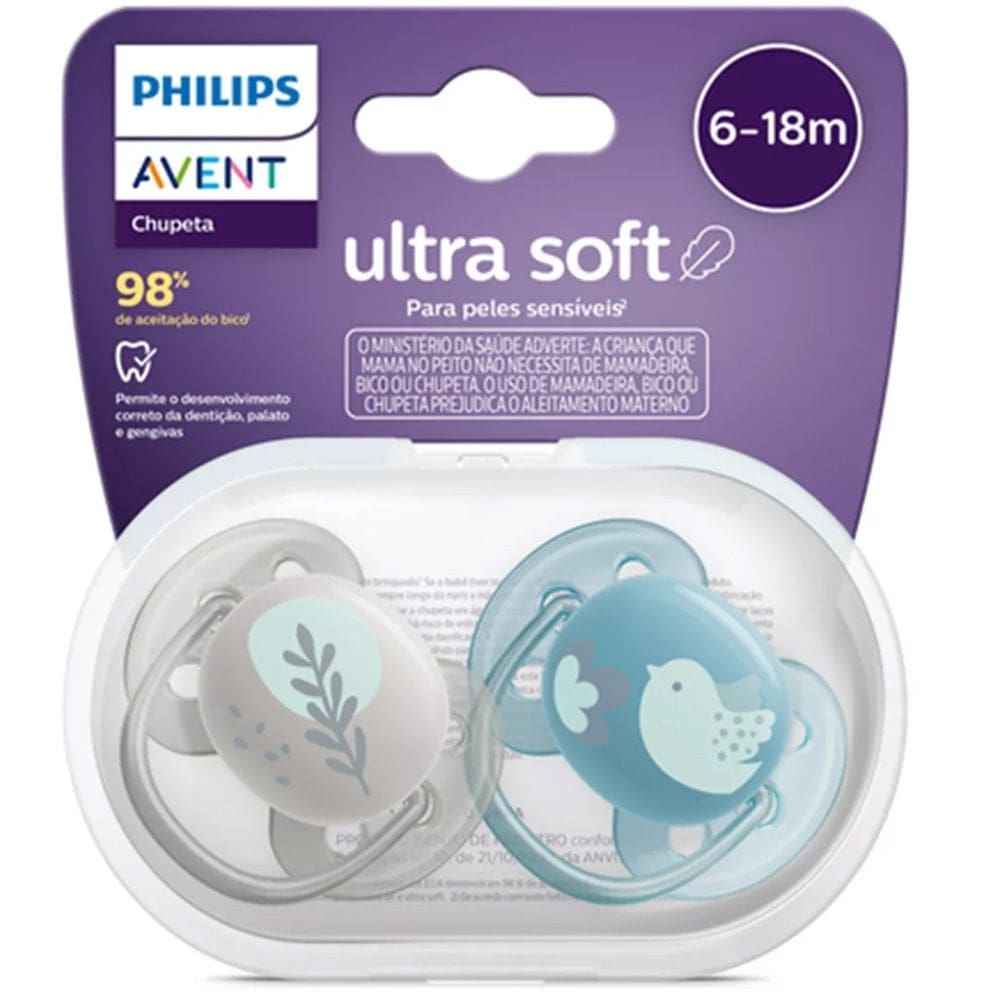 Chupeta Ultrasoft 6-18m c/2 Passáro Azul Cinza Philips Avent