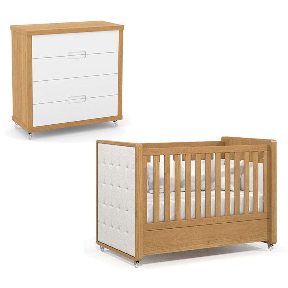 Berço Americano com Capitonê New Boucle e Cômoda Gaveteiro Infantil Tutto New Freijó - Matic