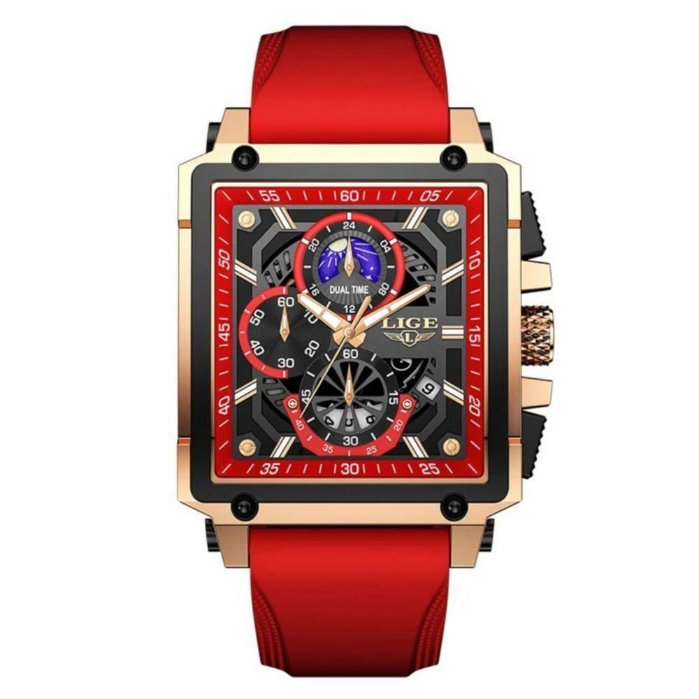 Relógio Quartzo Com Cronógrafo Esportivo Masculino Design Tonneau Impermeável 3atm Vermelho