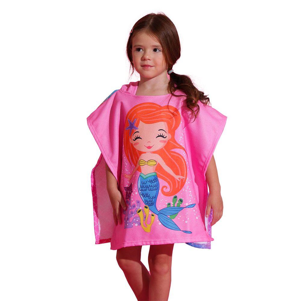 Toalha Poncho Bebê com Capuz Sereia Rosa Everly
