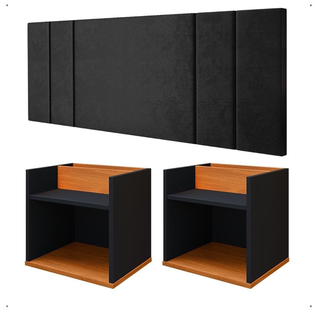 Kit Mesa Madri Apoio Lateral Cama Preto/Cinamomo Suspensa Parede Cabeceira Luana Preto Suede Elegante Aérea Quarto Casal