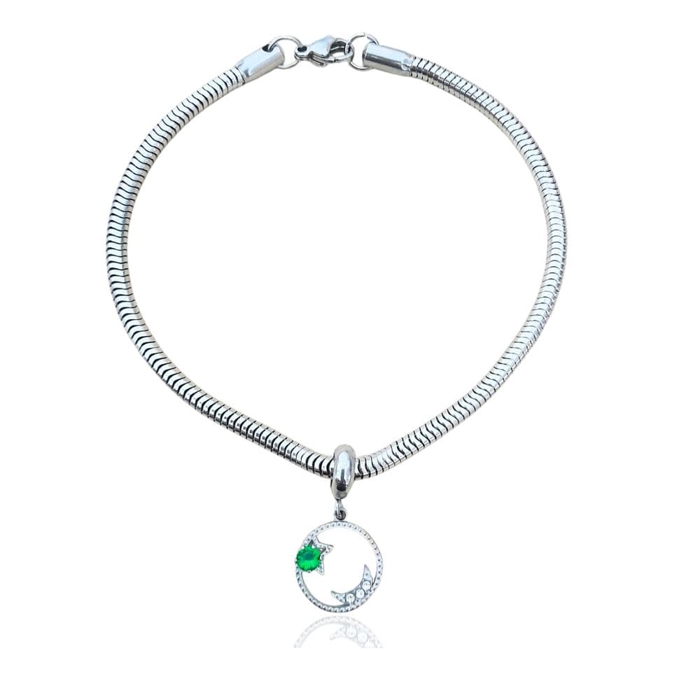 Pulseira com berloque de lua com zircônia verde de aço