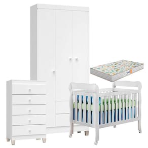 Quarto de Bebê 3 Portas com Gaveteiro Ternura Baby e Berço Lila Branco Brilho com Colchão Gazin - Incorplac