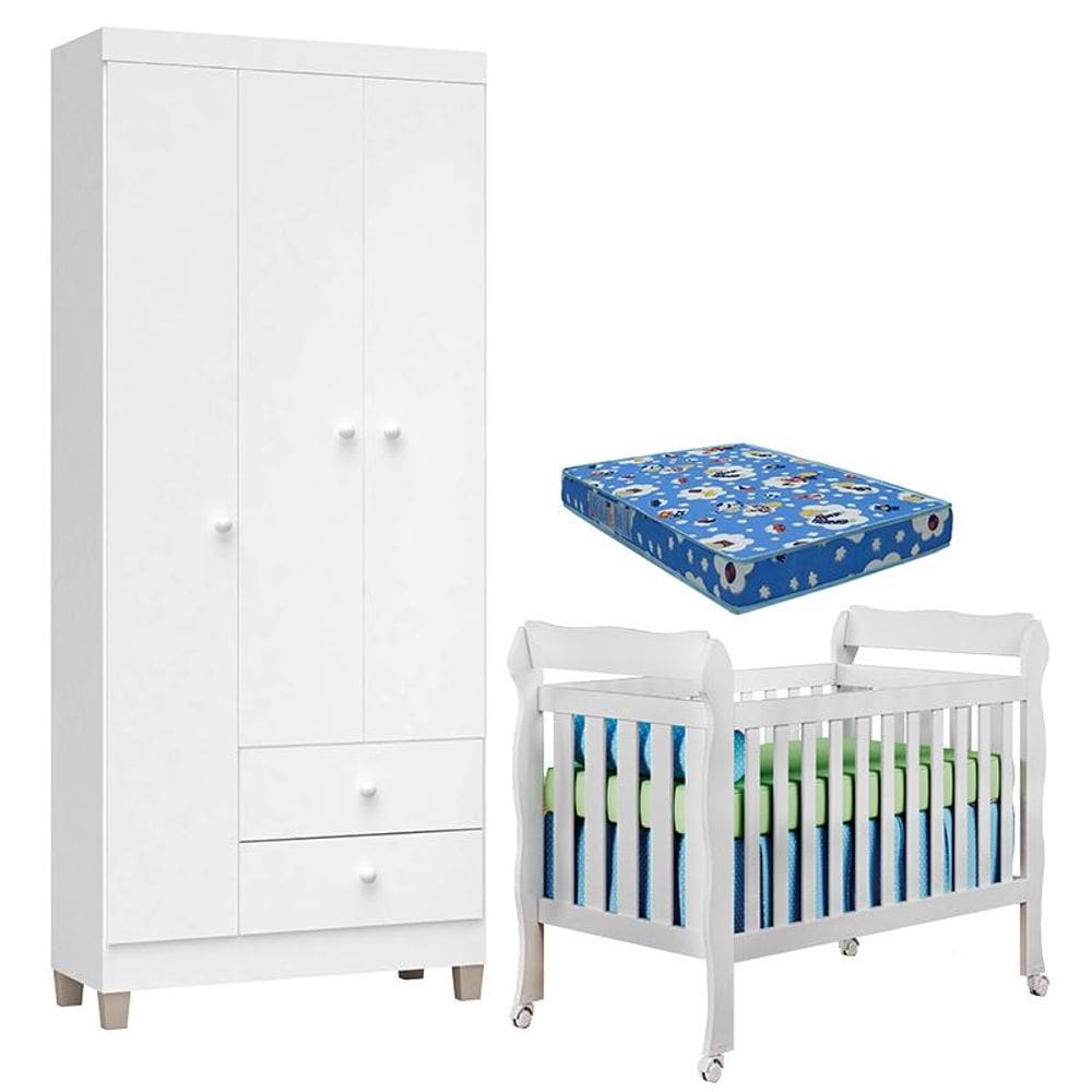 Berço Americano Lila com Colchão para Berço Americano e Guarda Roupa Ternura Baby 3 Portas Branco Brilho - Incorplac