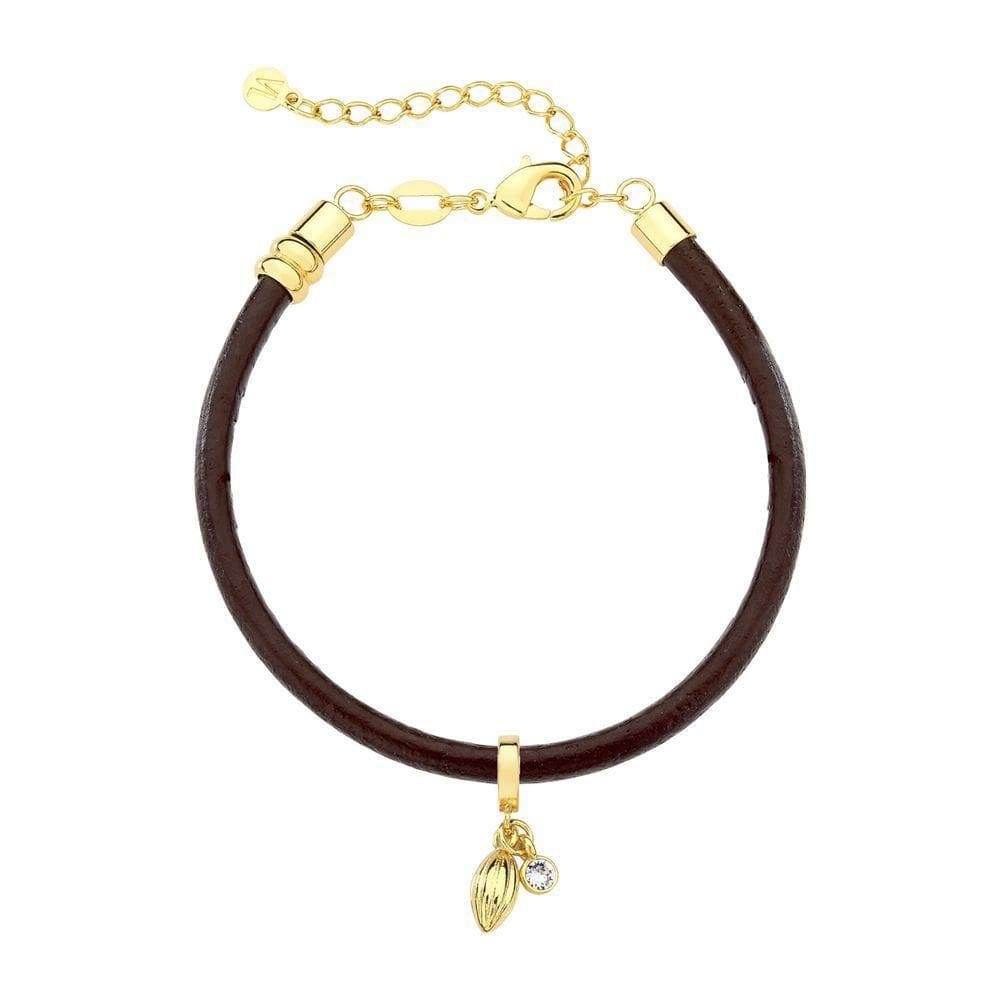 Pulseira De Couro Cacau Com Ponto De Luz Revestido Em Ouro
