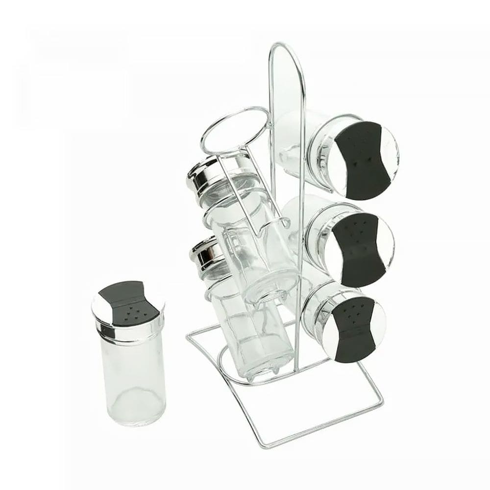 Porta Temperos de Vidro com Tampa Plástica 6 pçs e Suporte Metal Tinno 14x10x29cm 26891 - Wolff