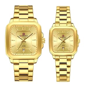 Relogios De Pulso Analógico Conjunto De Casal Em Aço Inoxidavel Design Quadrado Impermeavel Dourado