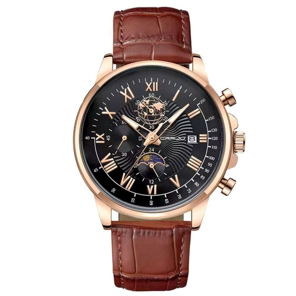 Relógio Clássico Masculino Sun Moon Quartzo Casual Impermeável 3atm Preto Dourado