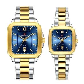 Relogios De Pulso Analógico Conjunto De Casal Em Aço Inoxidavel Design Quadrado Impermeavel Azul Dourado
