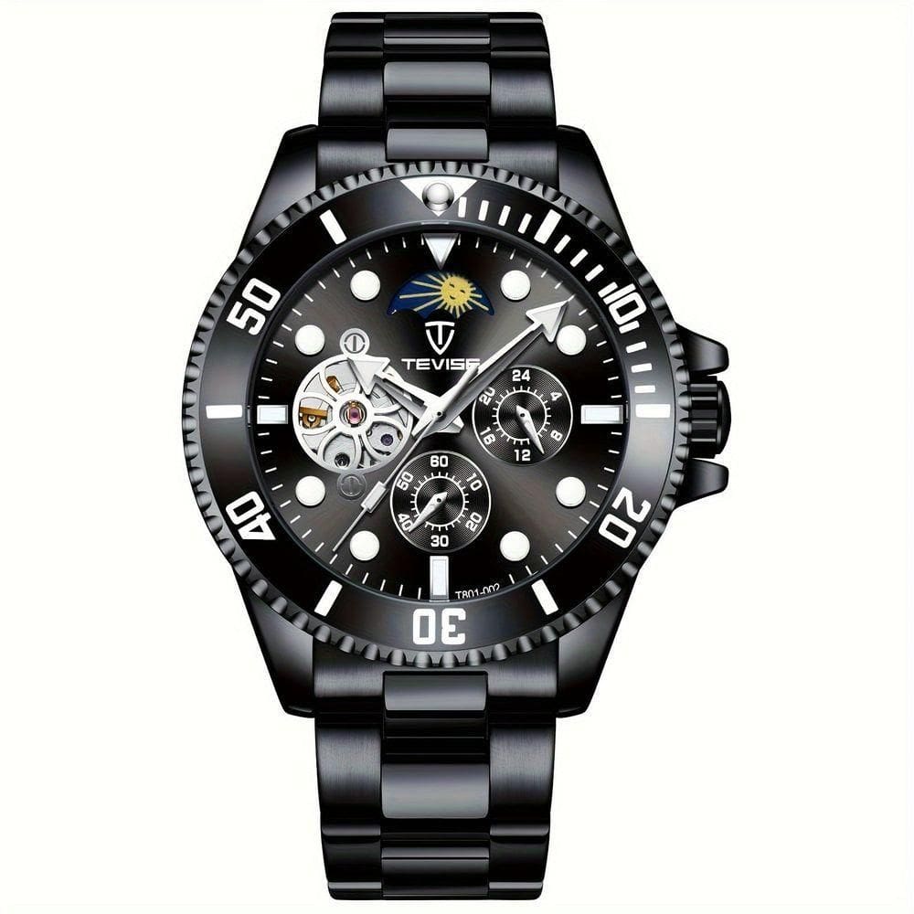 Relógio De Luxo , Automático Mecânico, 5 Pontos, Cronógrafo De 24h, Aço Inoxidável Preto