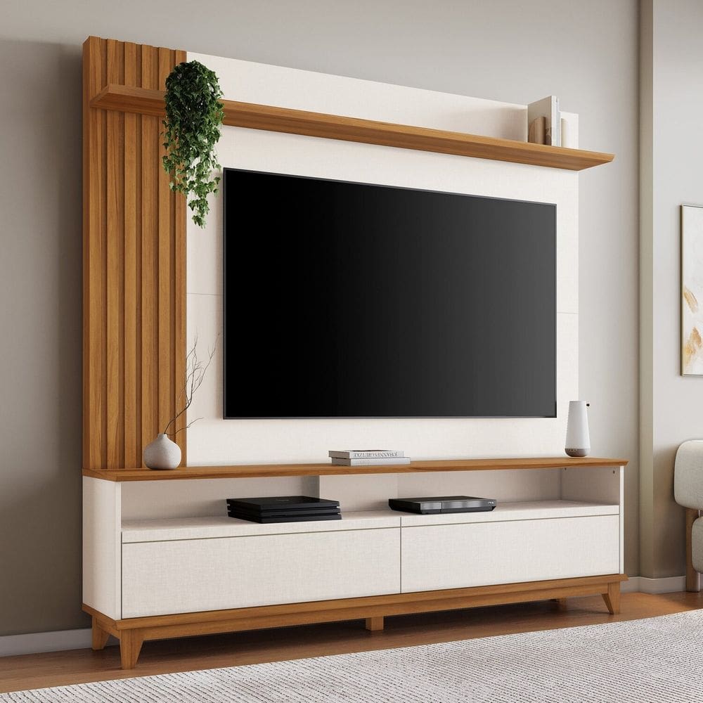 Home Theater para Tv de 65" com Detalhe Ripado da Nt 1335 Off White/Freijó