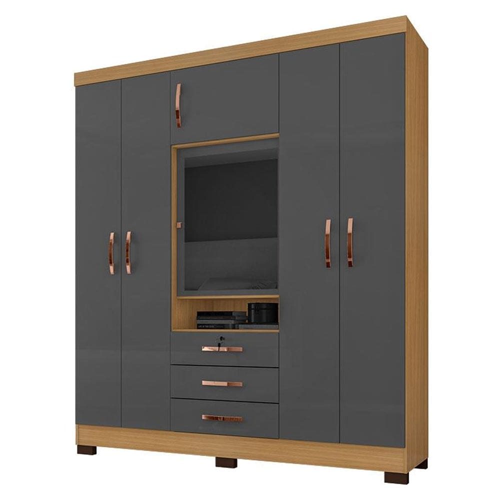 Guarda Roupa Casal Imperial com Cômoda Madri e Armário Multiuso Egito Carvalho Americano Grafite - Incorplac