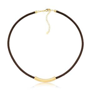 Colar De Couro Natural Café Com Canutilho Curto Revestido Em Ouro