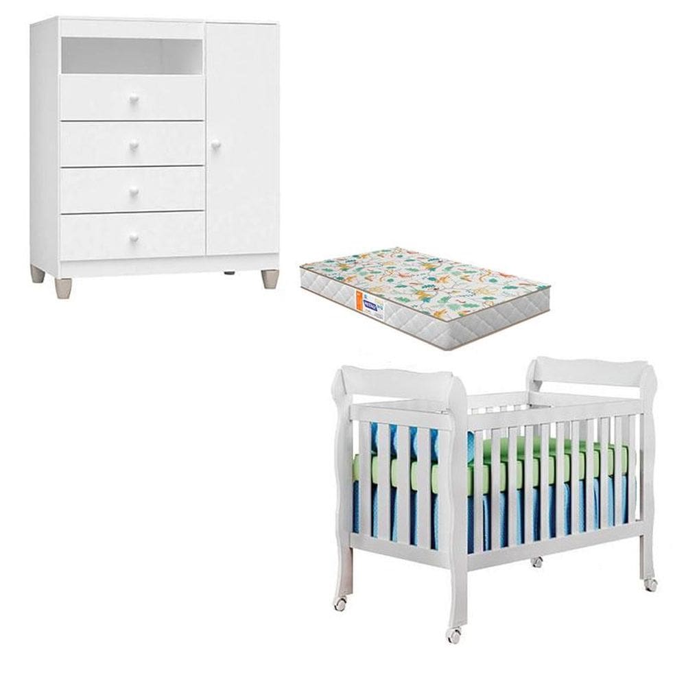 Berço Americano Lila com Colchão Gazin  e Cômoda Infantil Ternura Baby Branco Brilho - Incorplac