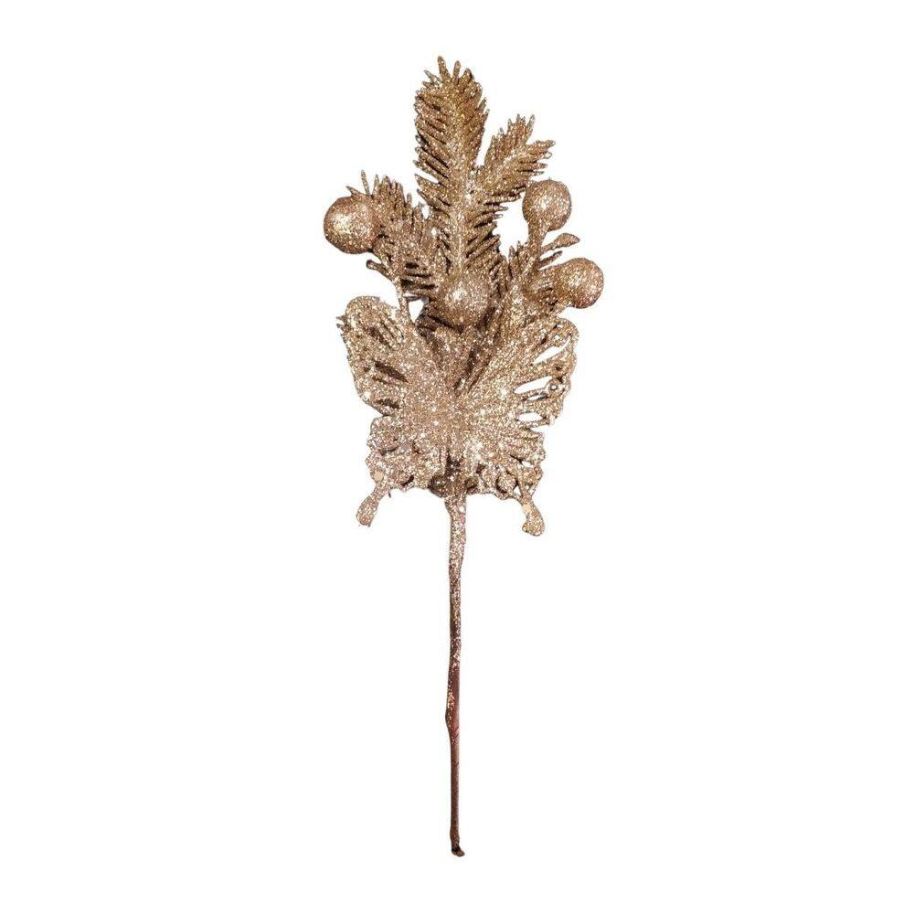 Pick Decorativo Natal Folhas Borboleta Champanhe 23cm - 1 Un