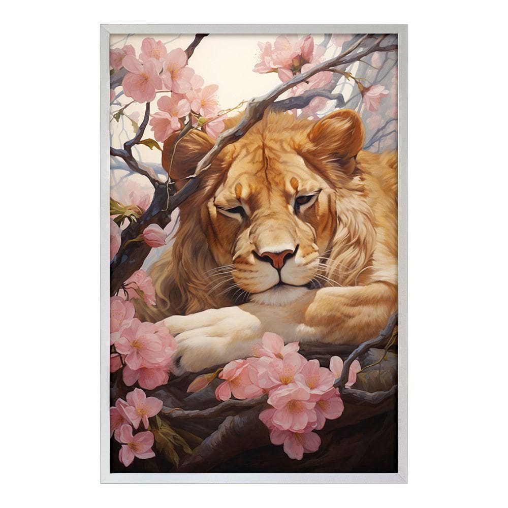 Quadro Decorativo Leão Flor Cerejeira Moldura Cx Alta 100x66 Titulo Moldura Branca