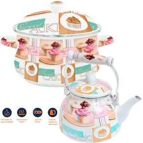 Kit Panela Caçarola Chaleira Cake Esmaltados Vintage Indução