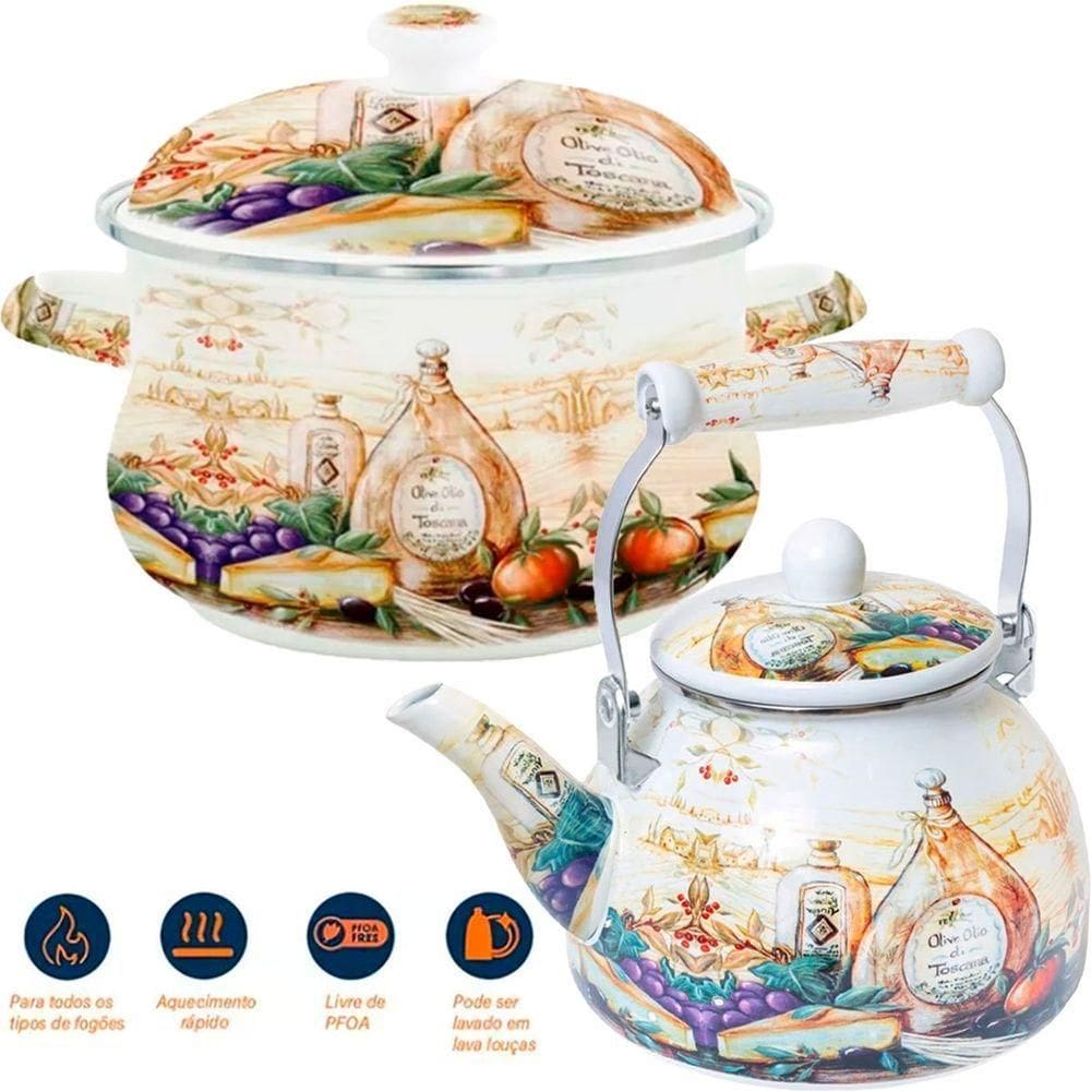 Kit Panela Caçarola Chaleira Italy Esmaltado Vintage Indução