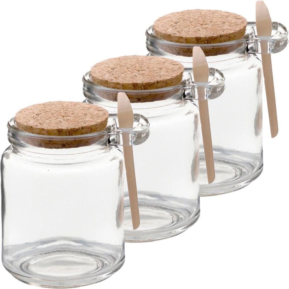 Kit 3 Pote Vidro Borossilicato Colher De Madeira Rolha 240ml