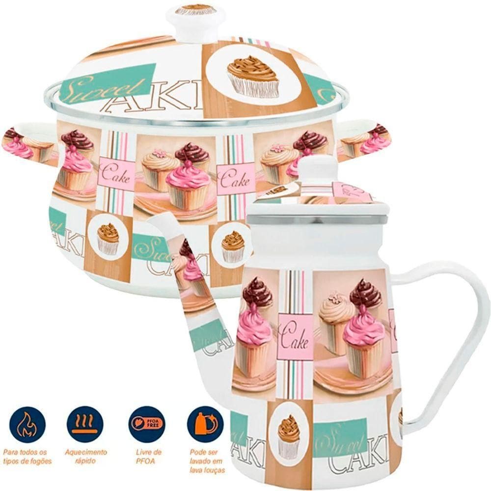 Kit Panela Caçarola Bule Cake Esmaltados Vintage Com Indução