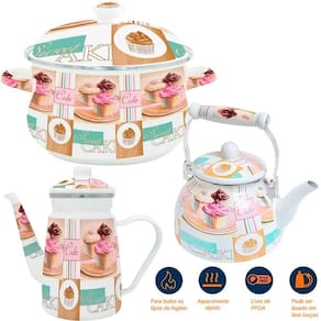 Trio Panela Bule Chaleira Cake Esmaltados à Indução Vintage