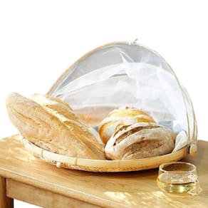 Cesto Porta Pão Bolo Frutas Cobertura Retrátil Redondo Bambu 30 Cm