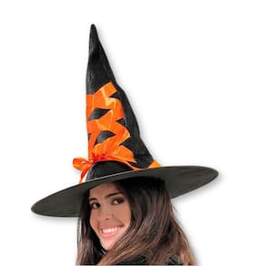 Chapéu de Bruxa Veludo com Fita Laranja