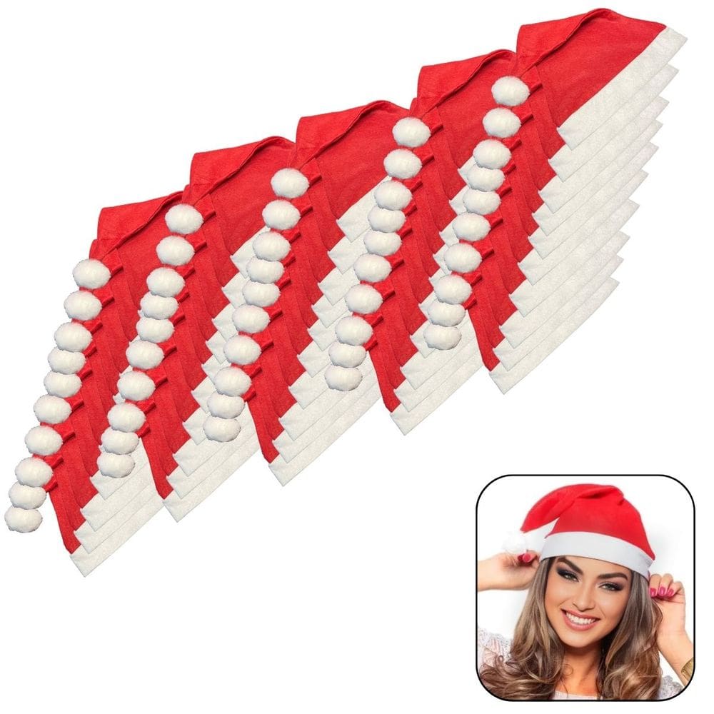 Gorro de Natal Papai Noel Vermelho Feltro - 50 Unidades