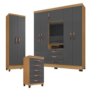 Guarda Roupa Casal Imperial com Cômoda Gaveteiro Cannes e Armário Multiuso Egito Carvalho Americano Grafite - Incorplac