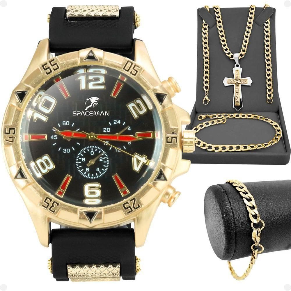 Relogio Masculino Banhado Ouro Aço + Crucifixo + Pulseira Prova Dagua Pallyjane Mostrador Preto