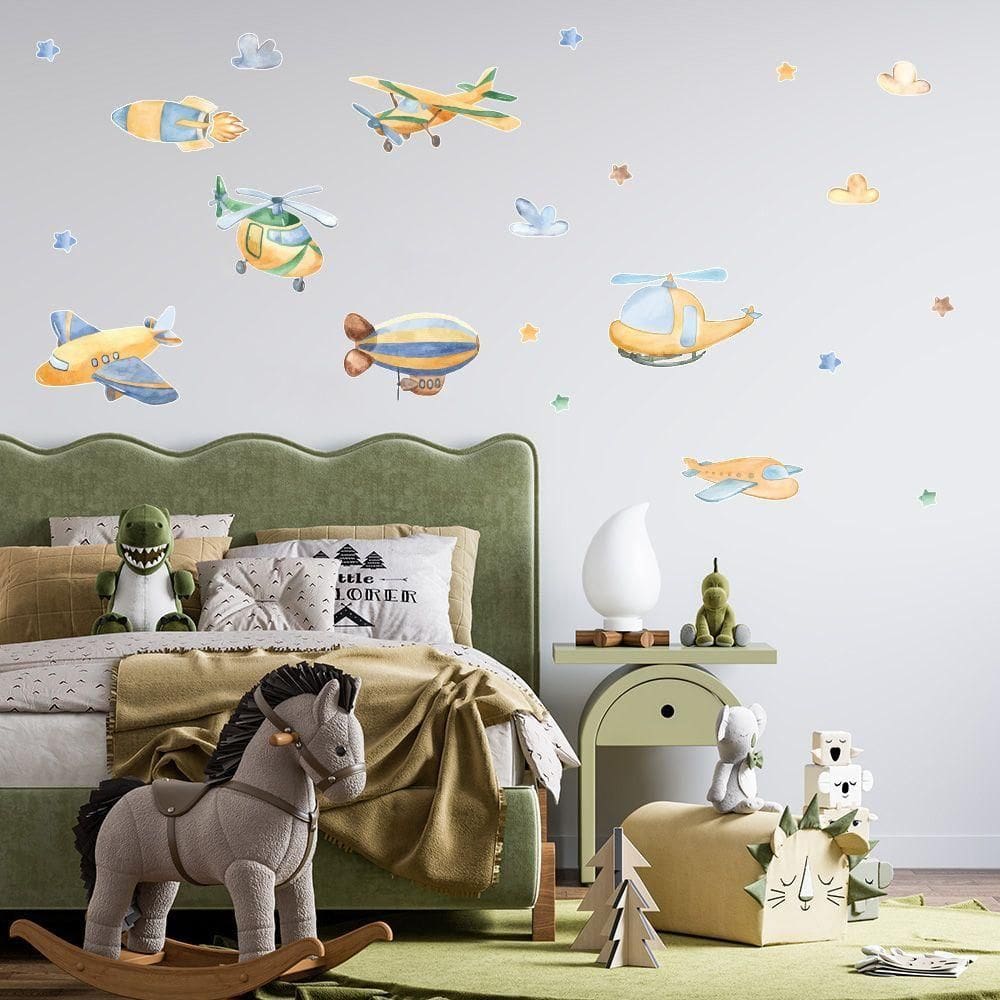 Adesivo De Parede Avião Helicóptero Dirigível Céu Aquarela