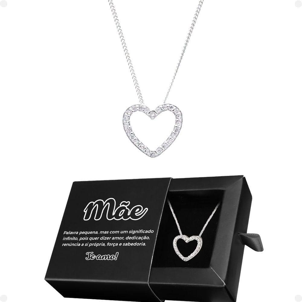 Colar Feminino Pingente Coração Strass Caixa Presente Mãe