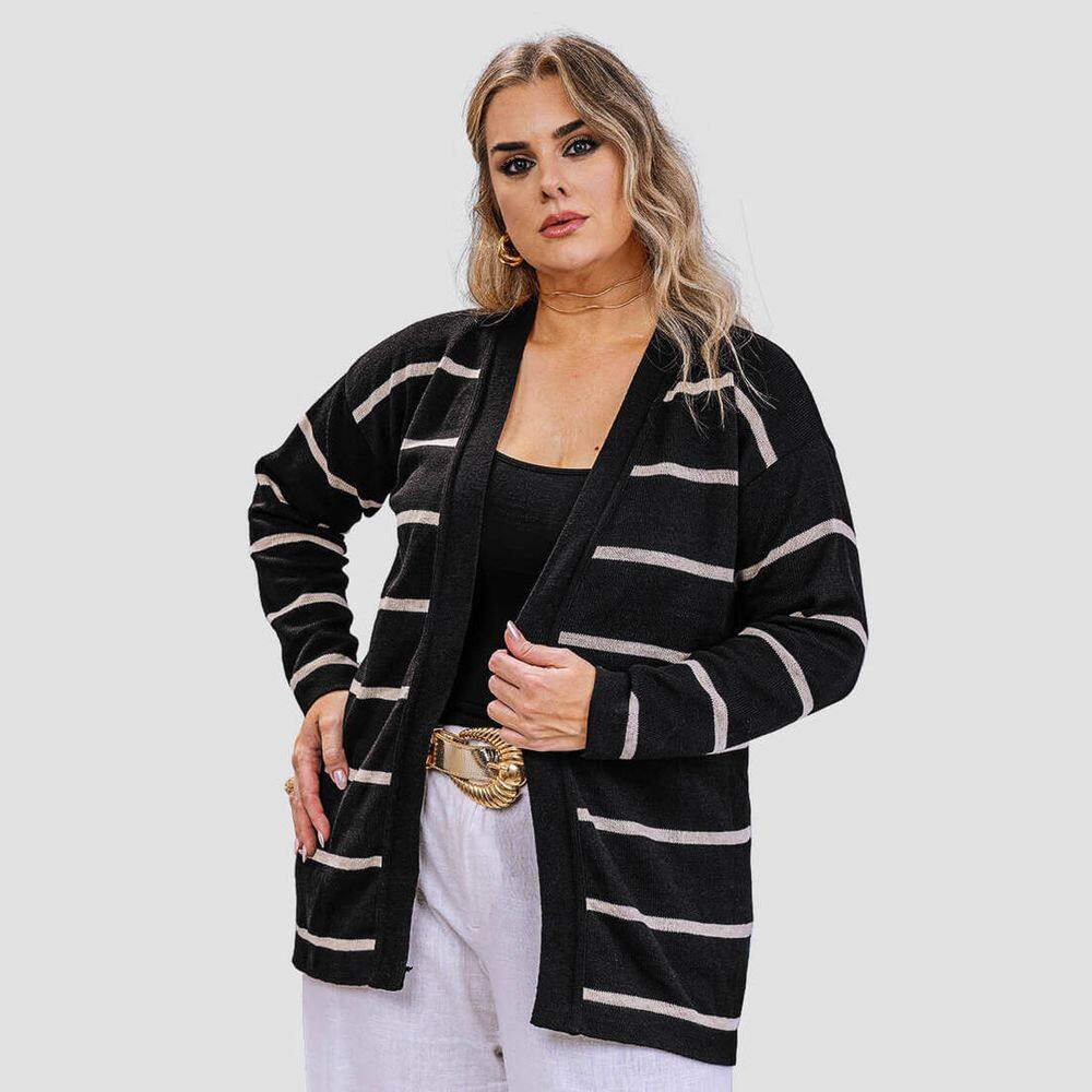 Cardigan Feminino Tricot Longo Listras Finas