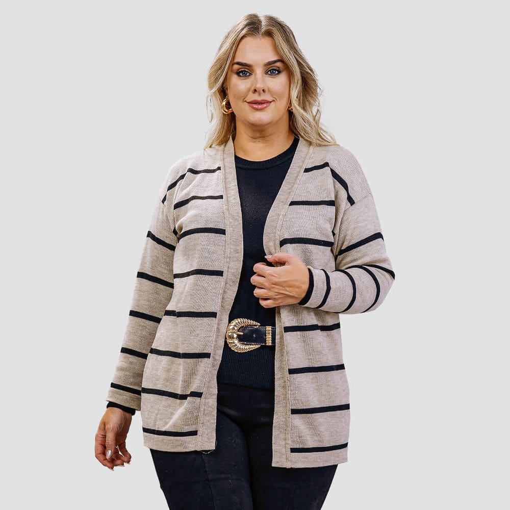 Cardigan Feminino Tricot Longo Listras Finas