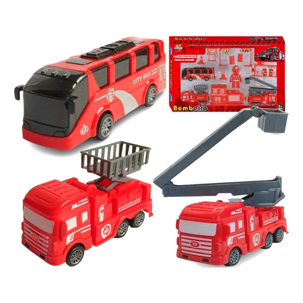 Kit Caminhão Bombeiro Ônibus Fricção Brinquedo Infantil