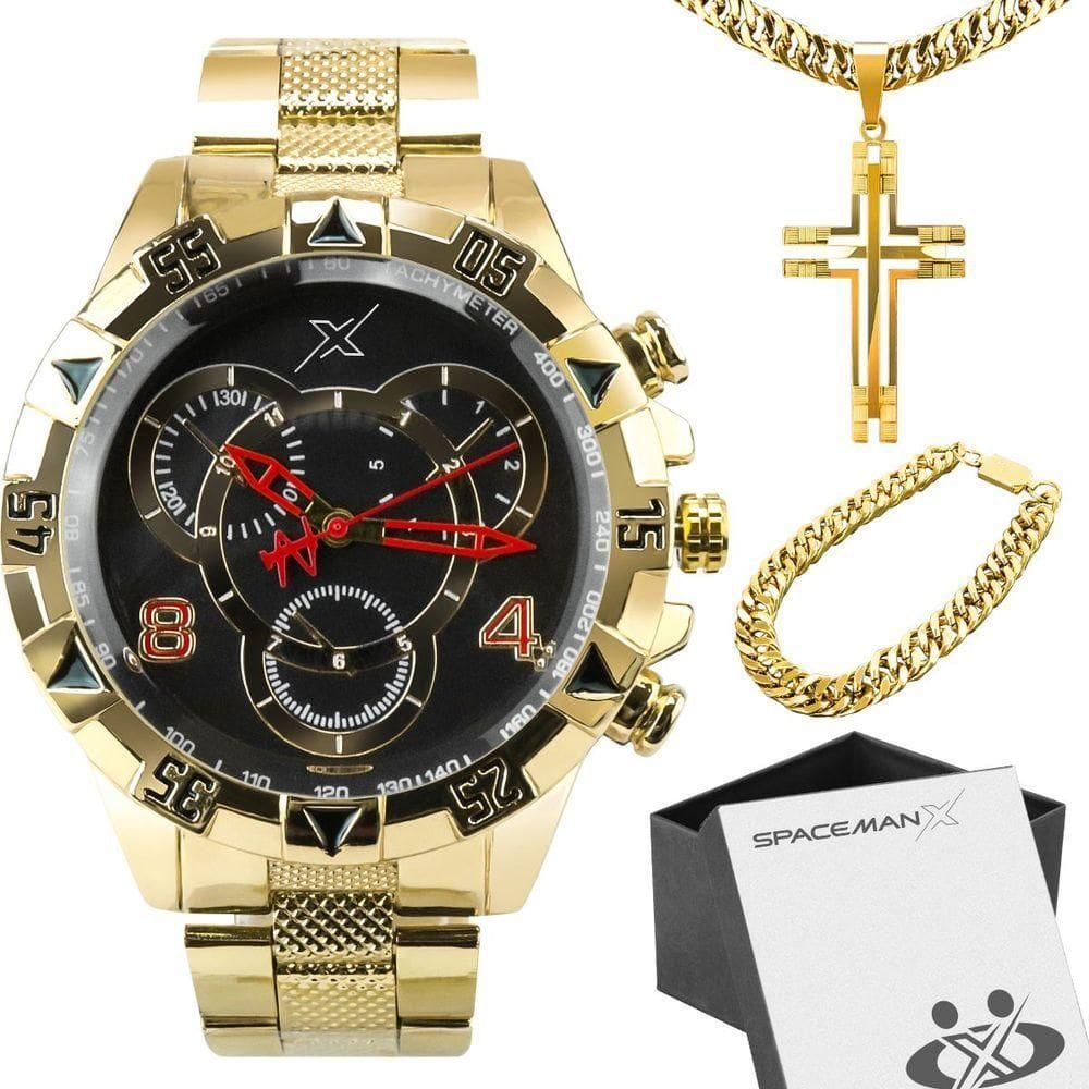 Relogio Masculino Dourado Aço + Pulseira Social Inoxidável Casual Analogico Presente Religioso