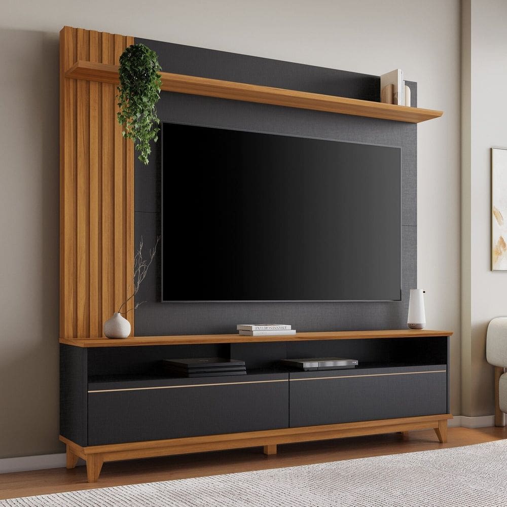 Home Theater para Tv de 65" com Detalhe Ripado da Nt 1335 Preto/Freijó