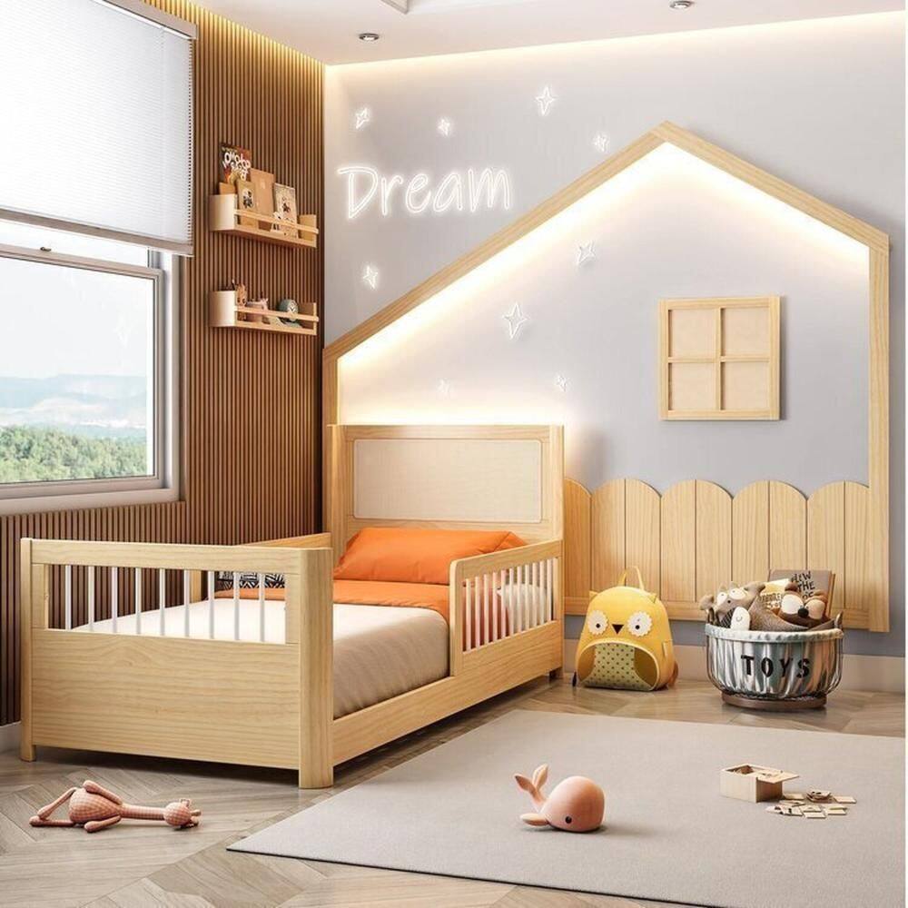 Conjunto Cama Solteiro Wave Montessoriana Led, Grade de Proteção e Moldura Dream Decor Led Casatema Branco/Natural
