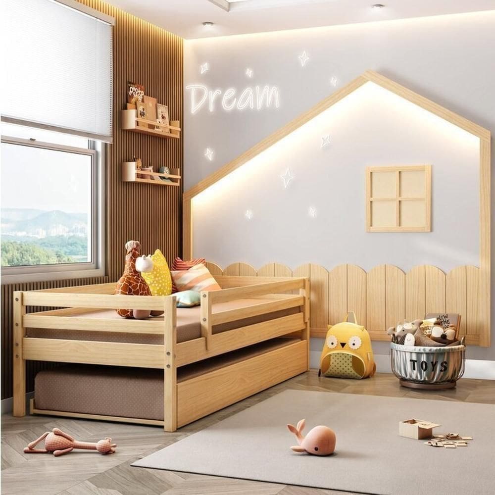 Conjunto Bicama Solteiro Infantil Prime com Grade de Proteção e Moldura em Led Dream Decor Casatema Natural