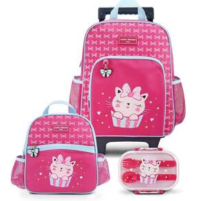 Conjunto Mochila Com Rodinhas E Lancheira Térmica Com Pote P/ Lanche Pink